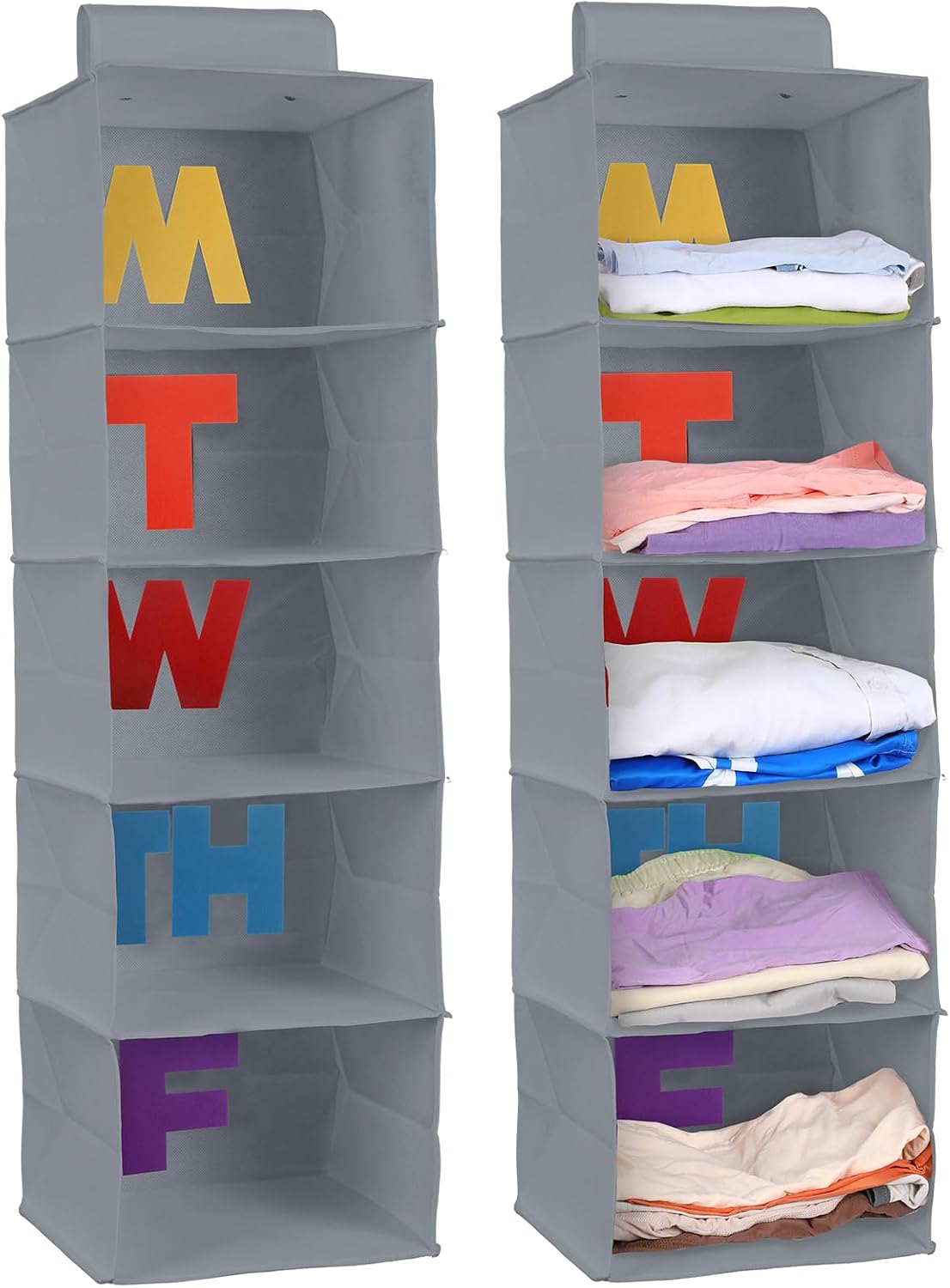 Hahafelt 2pcs 5 Shelf Weekly Clothes Organizer for Kids, Grey