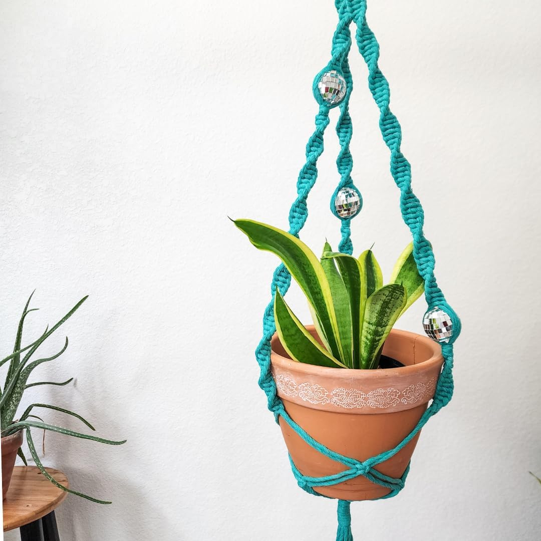 Set of 3 Macrame Plant Hanger | Disco ball decor Hanging planters for indoor plants Cool gifts for plant lovers Boho plant pots plant stand indoor Hanging planters for outdoor plants (Ocean Teal)