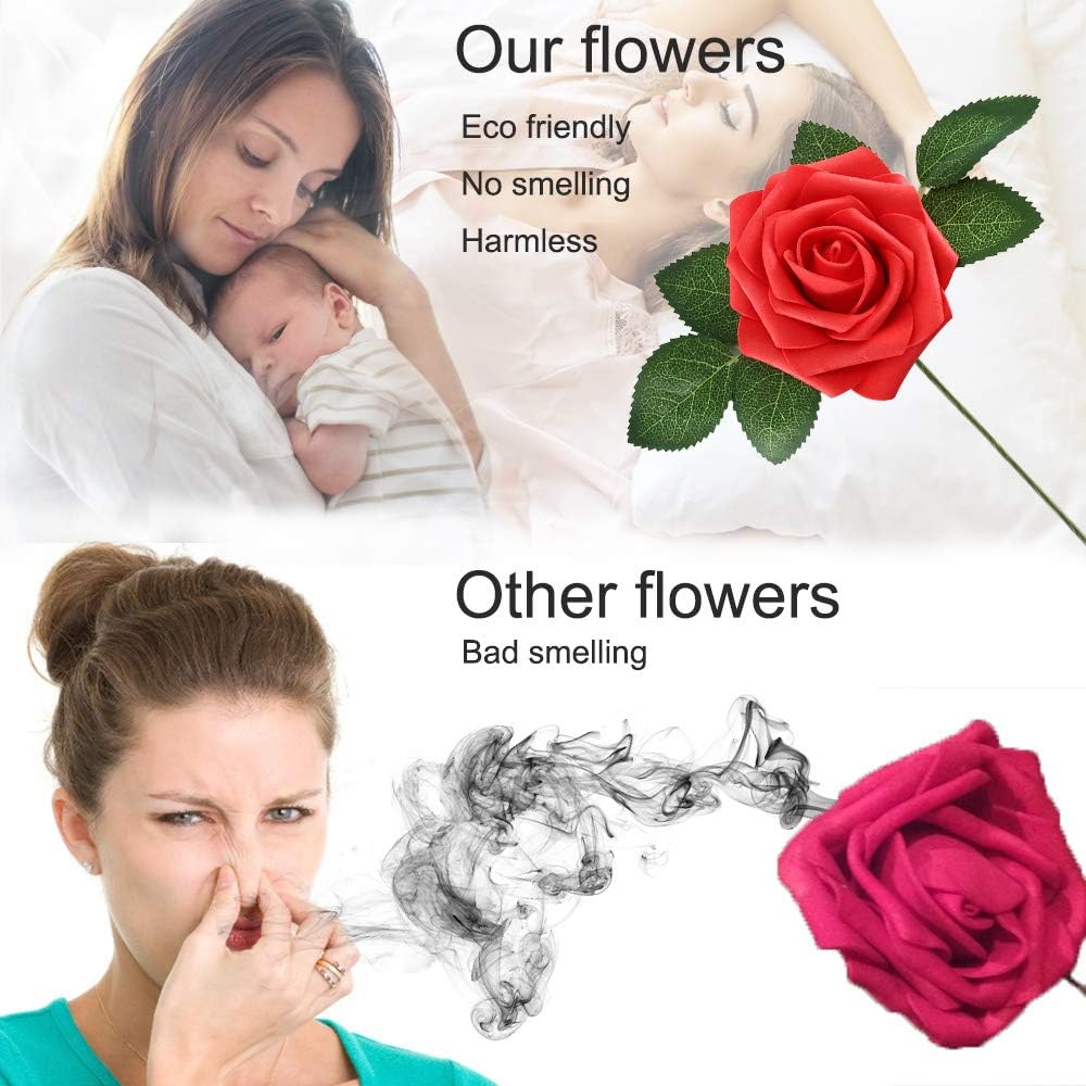 Higfra Artificial Flowers 25pcs Real Looking Pink Foam Fake Roses with Stems for DIY Wedding Bouquets White Bridal Shower Centerpieces Arrangements Mothers Day Party Tables Decorations
