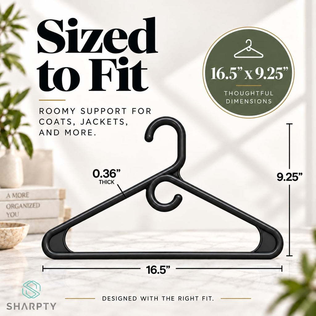 Heavy Duty Clothes Hangers, 10 Pack - Space Saving, Ultra Strong Black Plastic - Hang Your Belt, Pants, Coat, Shirt, Shorts, Jeans, Sweater and More - Bulk Closet Storage for Adults Clothing
