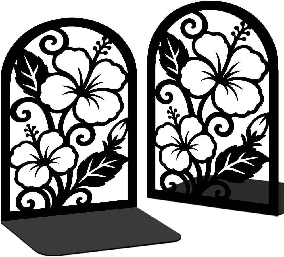 1 Pairs Hibiscus Floral Motifs Black Metal Bookends for Shelves
