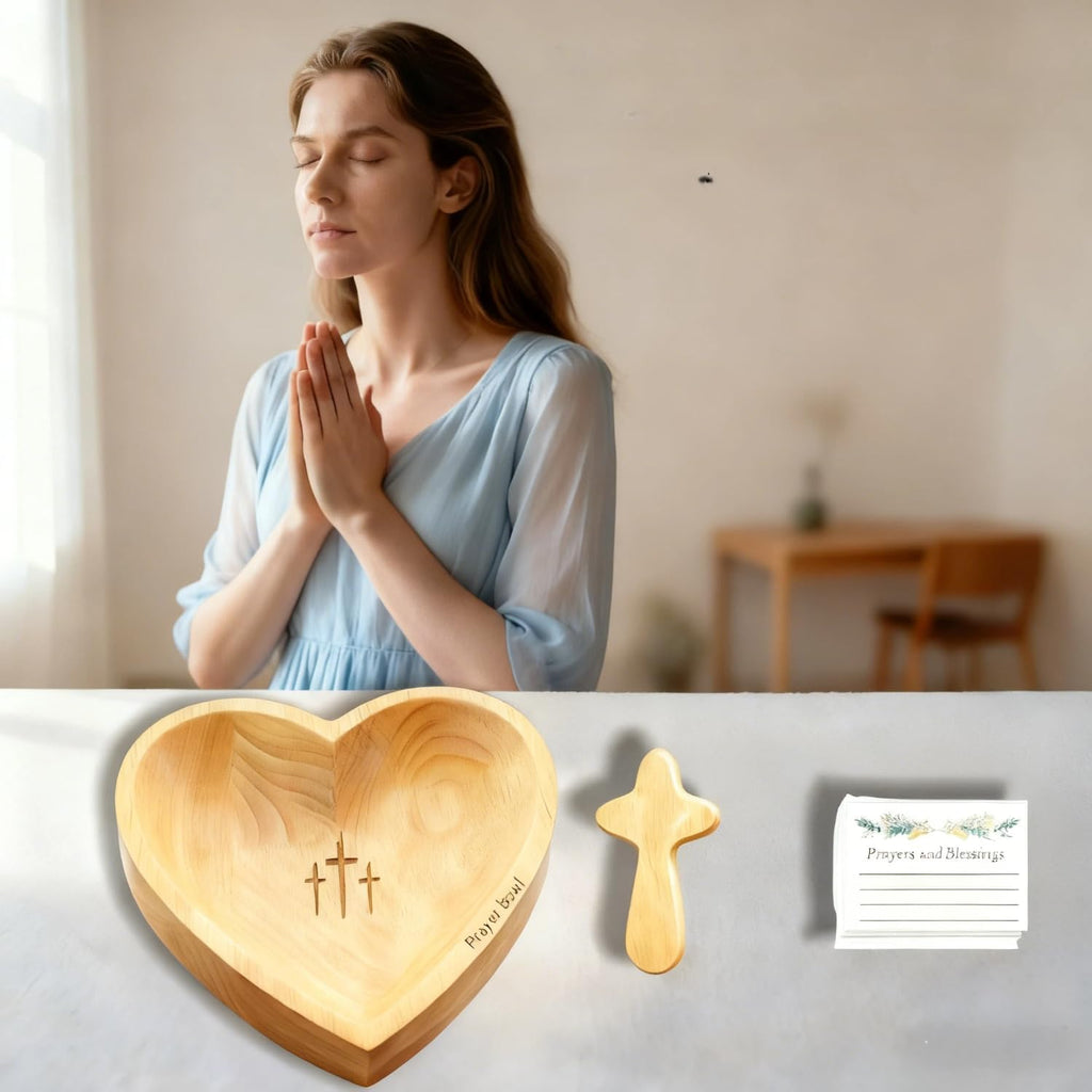 Wooden Prayer Bowl with 24 Cards & Pine Cross, Heart Shaped Christian Premium Solid Heart Container Love Bowl for Home Decor Religious Christmas Men Women Gifts(420g)
