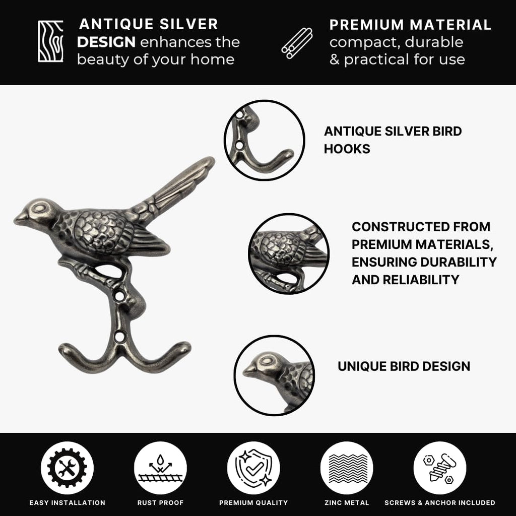 6 pcs Antique Silver Bird Decorative Wall Hooks for Hanging Coats, Keys, Towels, Bags, and More