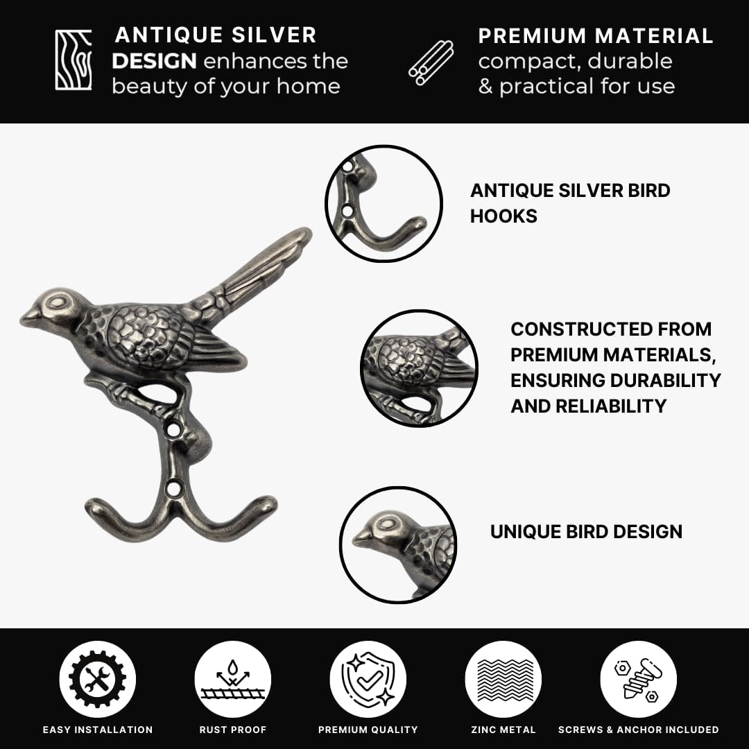 6 pcs Antique Silver Bird Decorative Wall Hooks for Hanging Coats, Keys, Towels, Bags, and More
