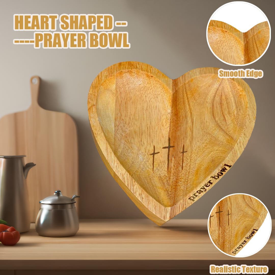 Heart Prayer Bowl Wooden with 24 Cards, Religious Prayer Dough Bowl with Cross, for Religious Christian Congregation Women Decor Gifts