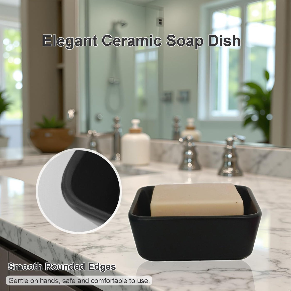 Square Soap Case Ceramic Soap Tray Fit Dr. Squatch Natural Bar Durable Soap Holder for Shower Home Bathroom Soap Dishes Daily Use Sink Bathtub (Black)