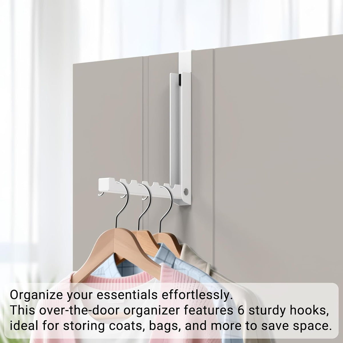 2 Pack Over The Door Hooks, 6 Hooks Foldable Door Hanger Clothes Drying Rack, Portable Space Saving Organizer for Entryway Bedroom Laundry Room Travel, White