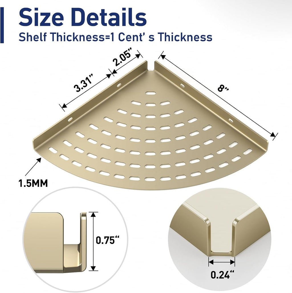 2 Pack Corner Shower Shelves 304 Stainless Steel Shower Corner Shelf Brushed Gold Bathroom 8 in Prevent Rust Drilling Installation