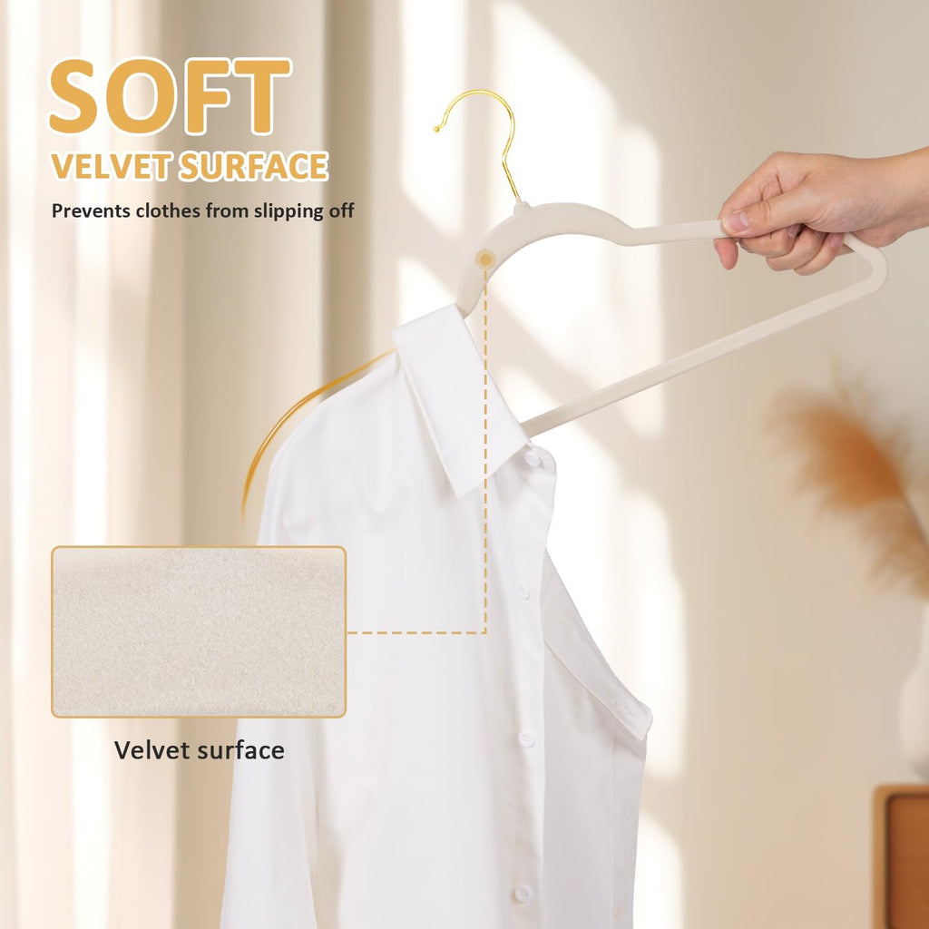 Velvet Hangers 60 Pack - Heavy Duty Non Slip Clothes Hangers, Space Saving Slim Design for Coat/Suit with 360° Rotating Gold Hook - Premium Felt Hanger for Closet Organization- Ivory