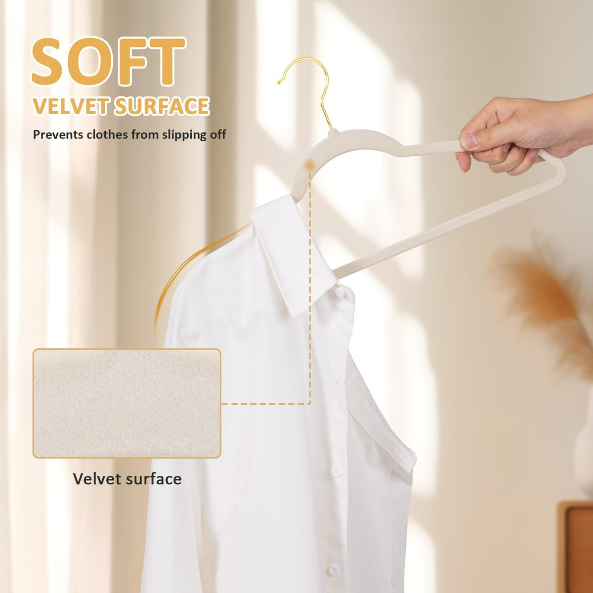 Velvet Hangers 60 Pack - Heavy Duty Non Slip Clothes Hangers, Space Saving Slim Design for Coat/Suit with 360° Rotating Gold Hook - Premium Felt Hanger for Closet Organization- Ivory