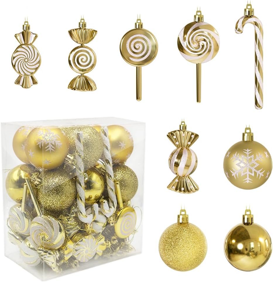 36 Pcs Christmas Ornaments, MOYEE Shatterproof Plastic Christmas Ornaments for Tree - Candy Cane Christmas Decorations Candies Christmas Ball Ornaments (Gold)