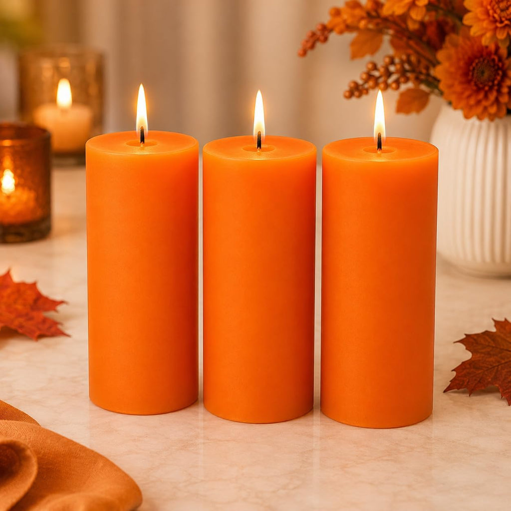 Dinil Orange Pillar Candles 3x6 Inch, Set of 3 Unscented Dripless Smokeless Candles, 65+ Hour Burn Time for Wedding Centerpiece, Dinner Table & Home Decor