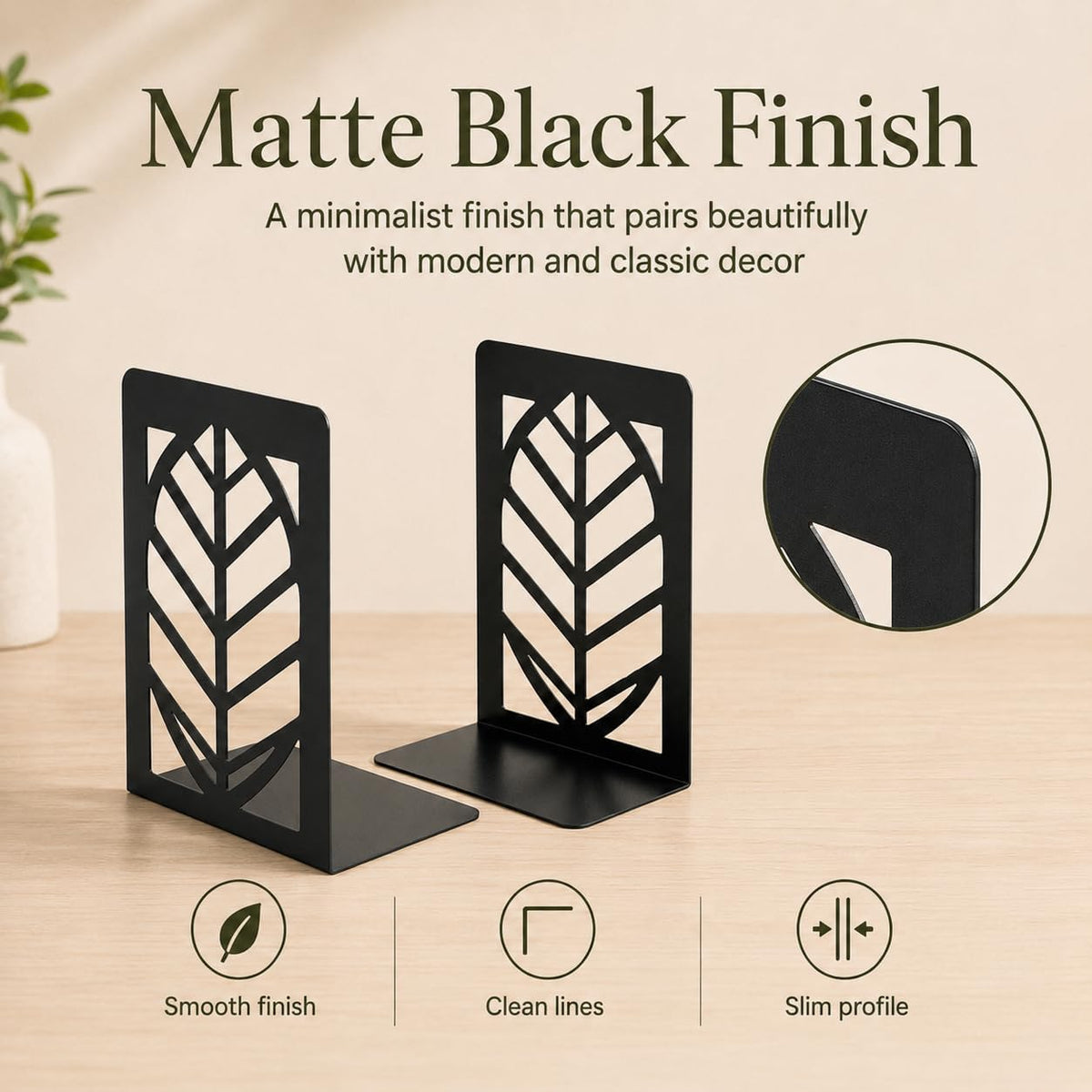 Leaf Vein Bookends, Set of 2 (1 Pair), Matte Black Metal Book Ends for Shelves, Bookshelf, Desk and Home Library Decor