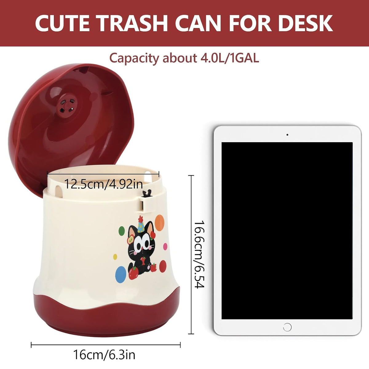 Cute Mini Desktop Trash Can - Small Desk Garbage Bin with One-Touch Press Lid - 6.3 Inch Plastic Waste Basket for Home Office, Bedroom, Vanity, Car - Cat Design (Red)