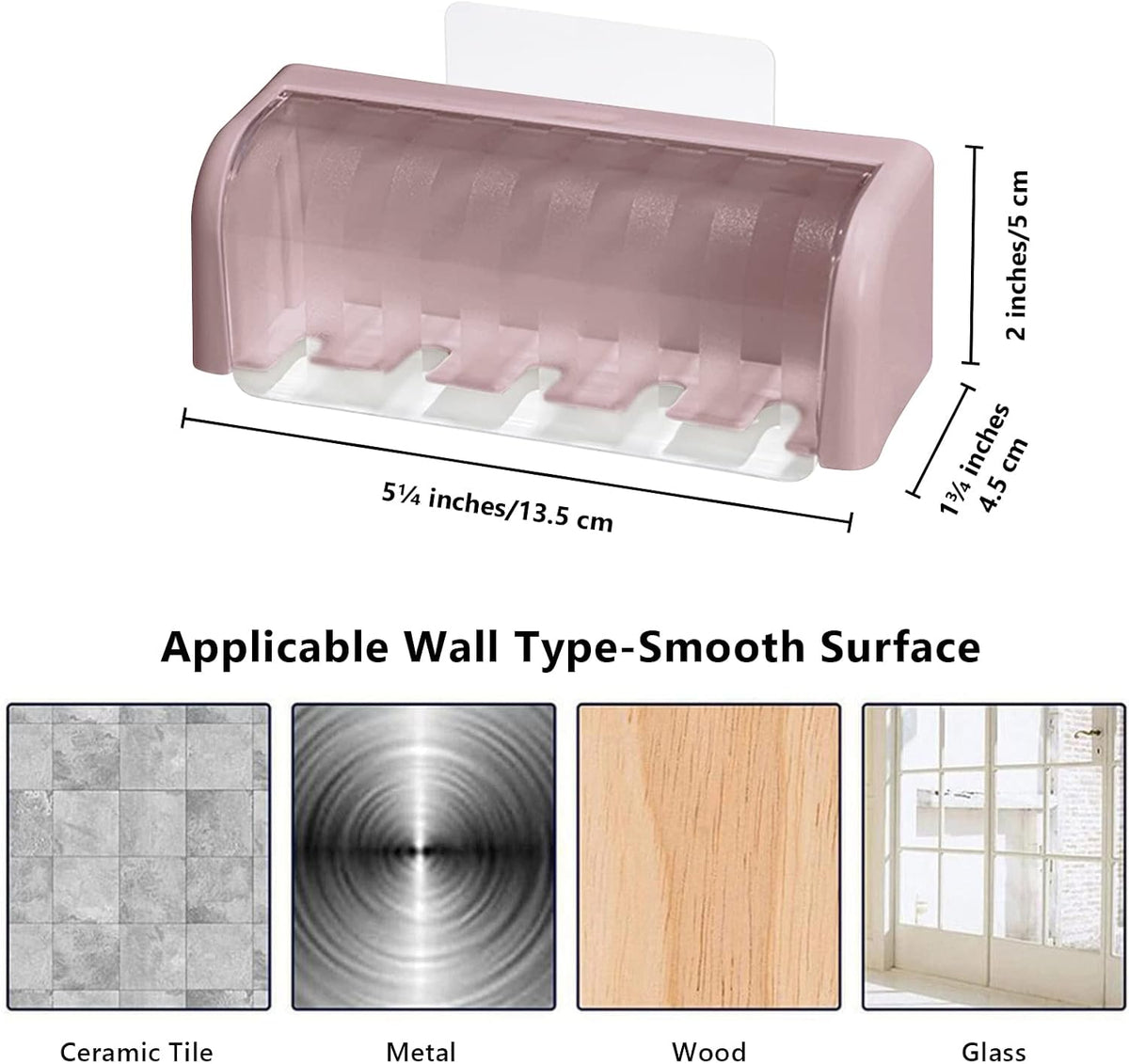5 Slots Toothbrush Holder Wall Mount with Cover, Self Adhesive Toothbrushes Storage Organizer Perfect for Dorm Bathrooms and Shower, Holds 5 Toothbrushes. (Pink)
