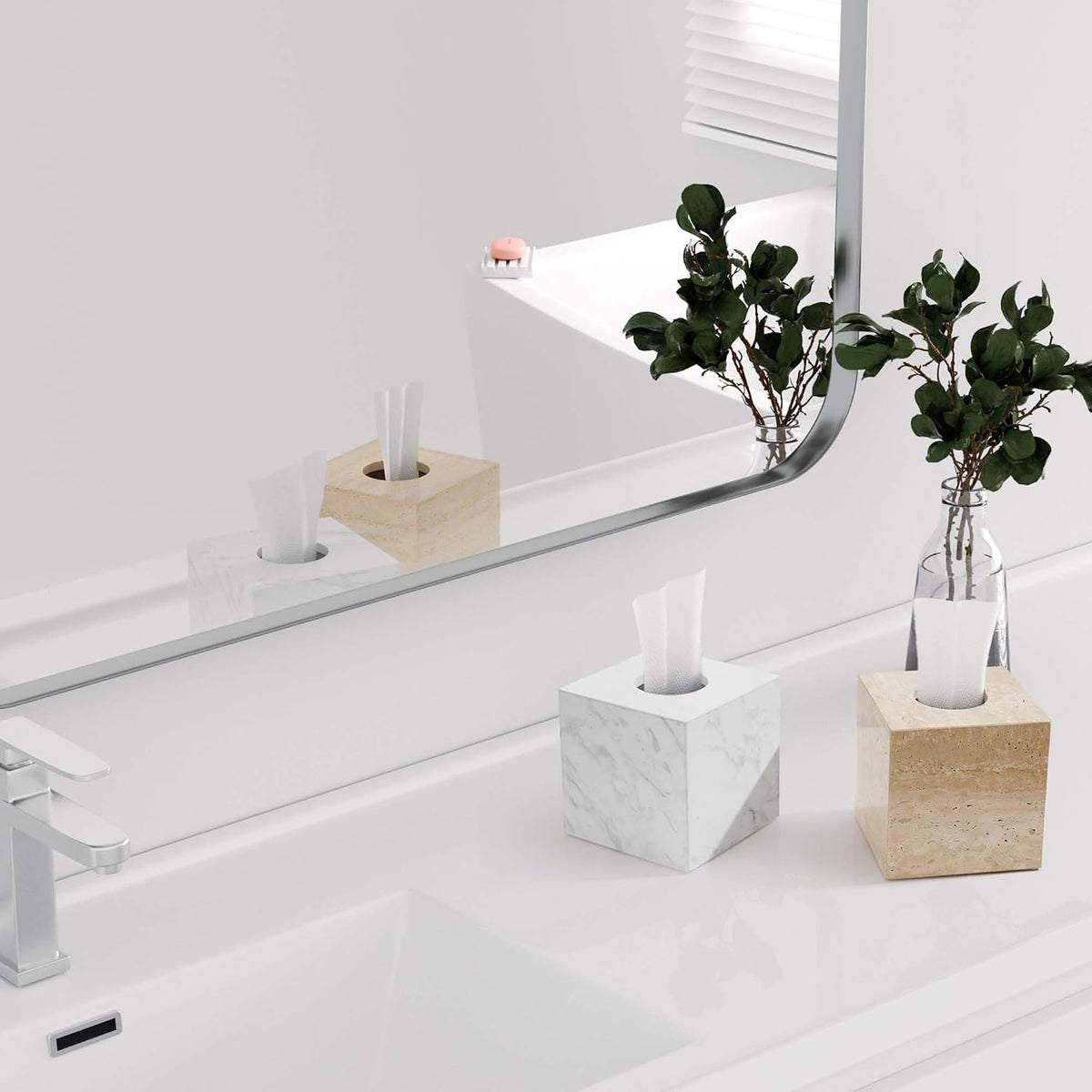 Natural Travertine Marble Tissue Box Holder Cover, Square Cube Tissue Box Holder with Open Bottom for Bathroom Vanity Tops, Bedroom Dressers, Kitchen Countertop, Travertine Beige(NS022)