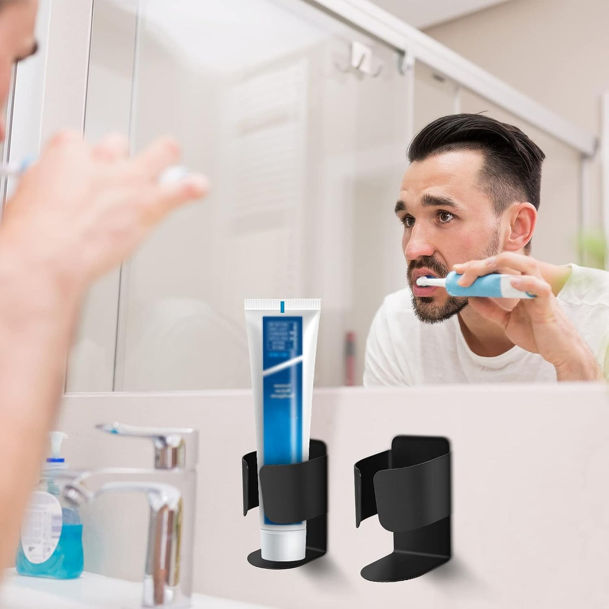 Electric Toothbrush Holder, 304 Stainless Steel Wall Mounted Self Adhesive Storage Organizer Stand Rack for Electric Toothbrush, Toothpaste, Facial Cleanser(4 Pack Black)