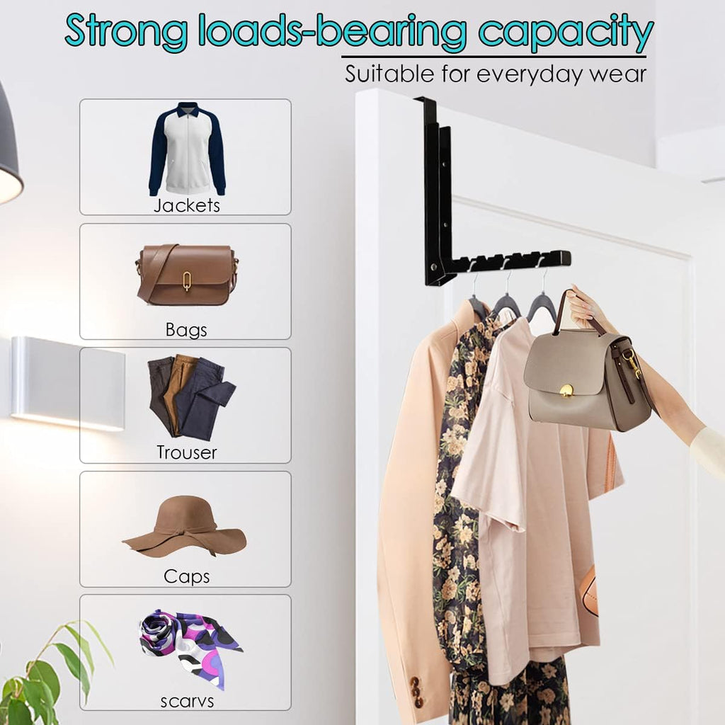 Over Door Hooks - Foldable Laundry Hangers for Clothes, Coats, Towels & Robes - 6 Groves - Behind Door - 2Pcs (Black)