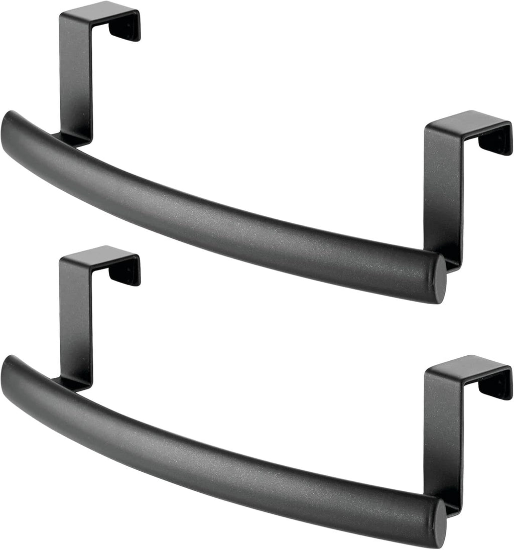 mDesign Steel Over Door Curved Towel Bar Storage, Hanger for Cabinet or Cupboard, Holder Rack for Kitchen, Bathroom - Holds Hand/Dish Towels, Washcloths - Spira Collection - 2 Pack - Black
