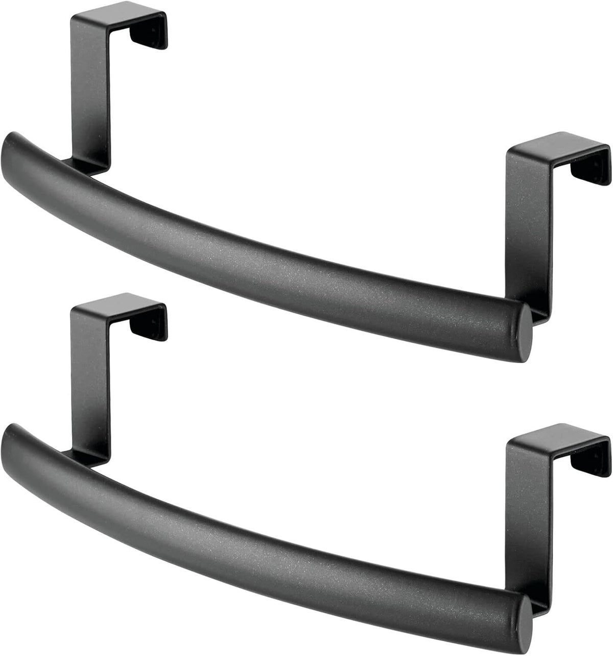 mDesign Steel Over Door Curved Towel Bar Storage, Hanger for Cabinet or Cupboard, Holder Rack for Kitchen, Bathroom - Holds Hand/Dish Towels, Washcloths - Spira Collection - 2 Pack - Black