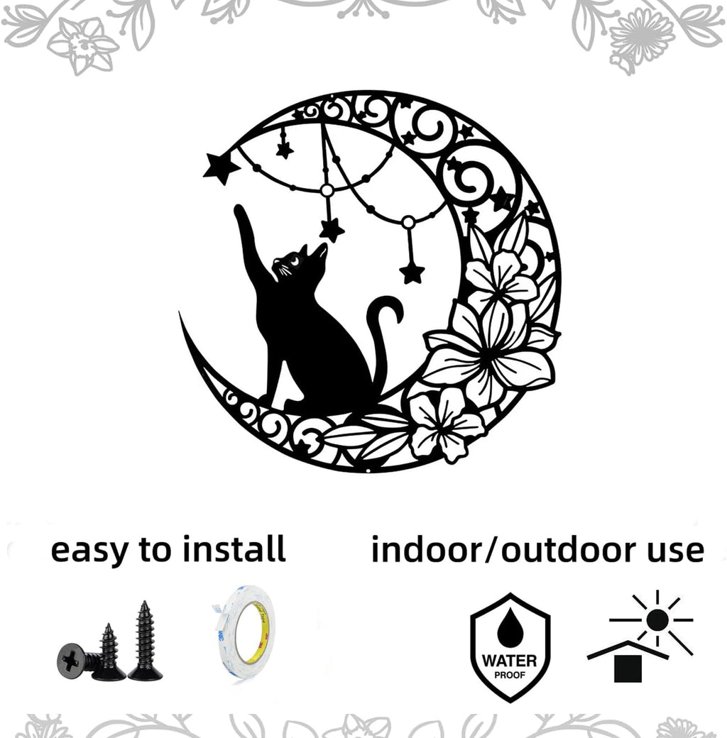 Gemseek Black Metal Cat Wall Decor, Cute Moon Cat Wall Art Sculpture