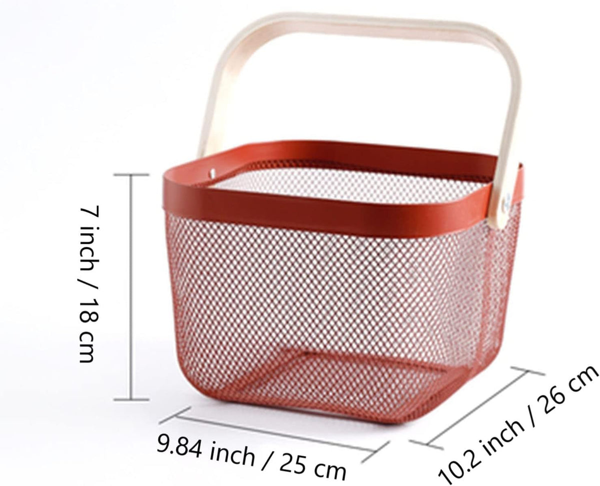 AJIODA Metal Mesh Steel Basket, Storage Organizer Basket Multi-functional Hanging Kitchen Baskets Fruit Basket Bin with Bamboo Handle for Kitchen Bathroom Picnic Shopping Decor Cabinet Home, Red