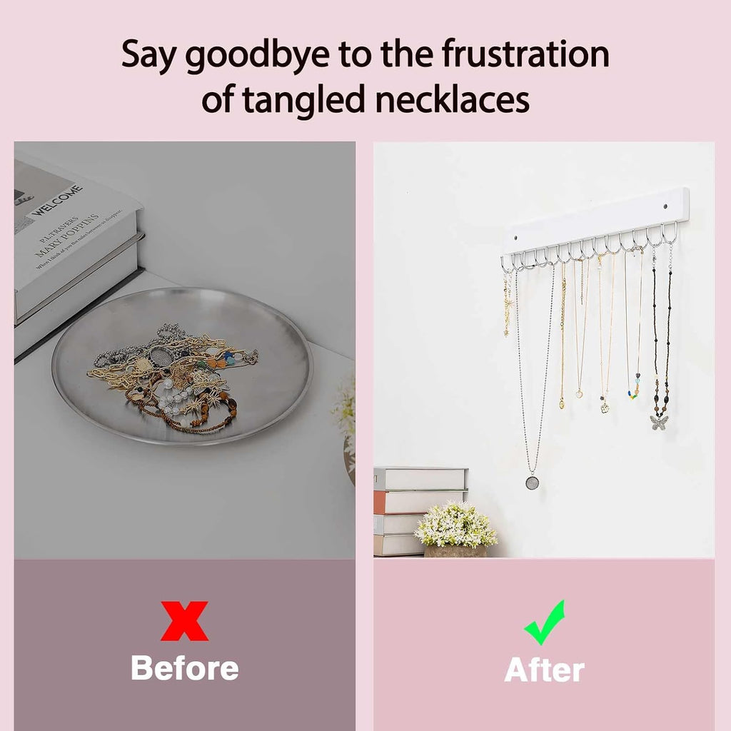 SCUNDA Hanging Jewelry Organizer Wall Mounted, Modern Jewelry Display with 28 Hooks, Decorative Necklace Holder for Wall, Space Saving Necklace Hooks, (2 Packs, White)