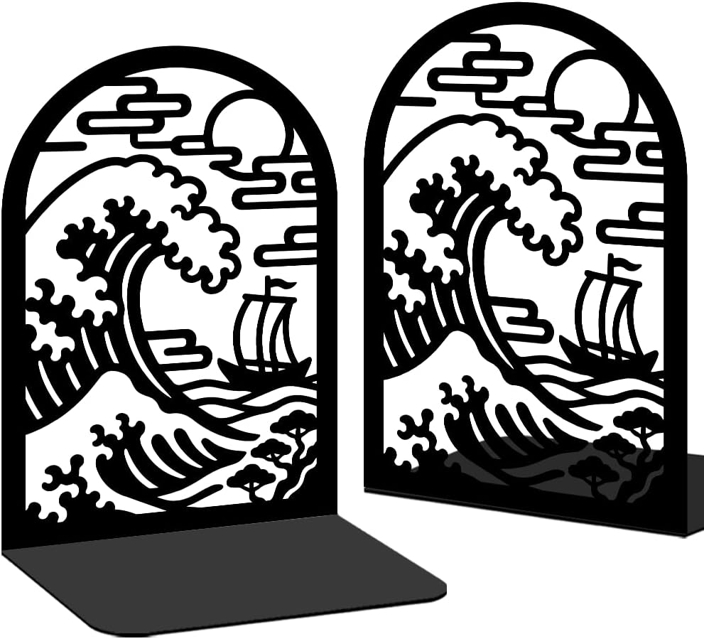 1 Pairs Ukiyo-e Style Landscape Black Metal Bookends for Shelves