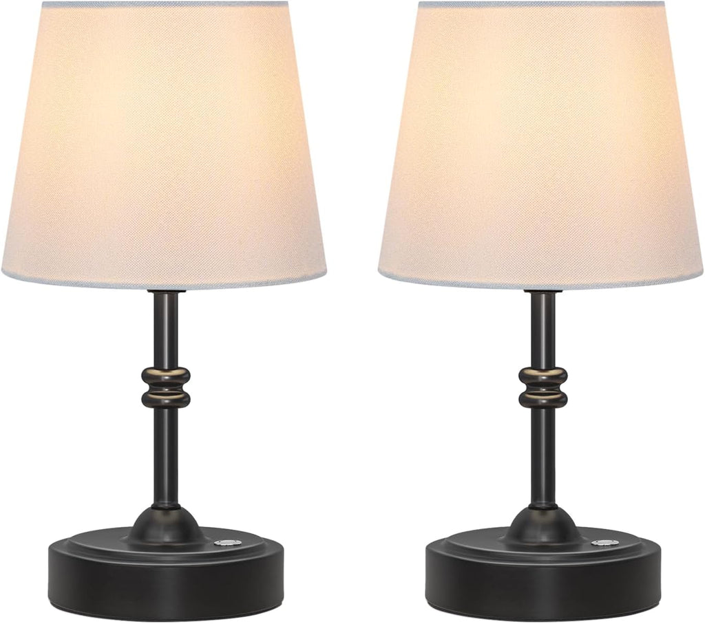 ONEWISH 2 Pack Small Cordless Lamp, Battery Operated Table lamp Dimmable, 4000mAh Rechargeable, Touch Bedside Lamp with White Fabric Shade, 2700K Bulb Included, for Dining, Patio, Bathroom(Black)
