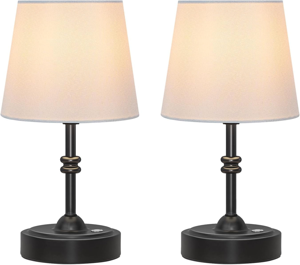 ONEWISH 2 Pack Small Cordless Lamp, Battery Operated Table lamp Dimmable, 4000mAh Rechargeable, Touch Bedside Lamp with White Fabric Shade, 2700K Bulb Included, for Dining, Patio, Bathroom(Black)