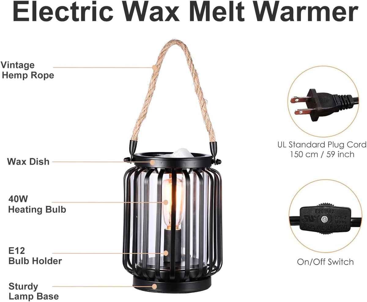 Electric Wax Warmer,Metal Wax Warmer,Rustic Candle Wax Burner for Aromatherapy Wax, Oil Burner,Fragrance,Home Decoration, Gifts (Lanterns), Black, HLBULB-002