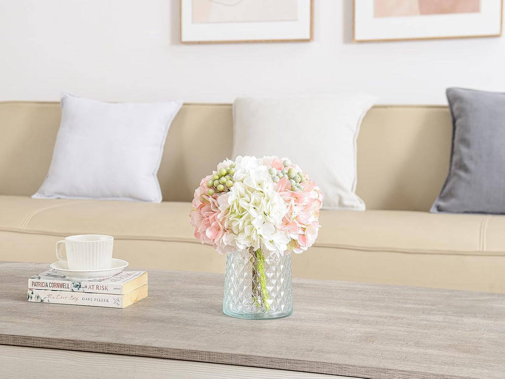 Wracra Hydrangeas Floral Arrangement in Glass Vase; Fake Flowers Pink