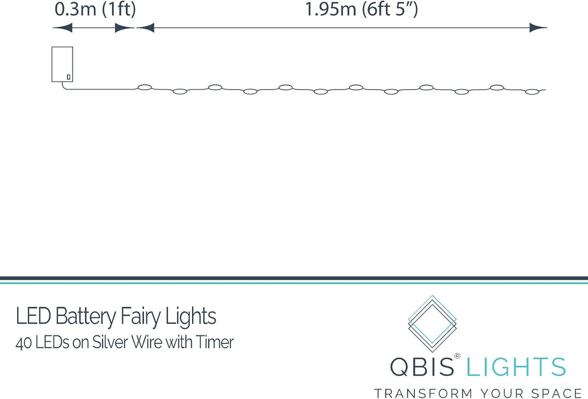QBIS 40 LED Warm White Fairy Lights, Battery Operated, Silver Wire, 6.5ft
