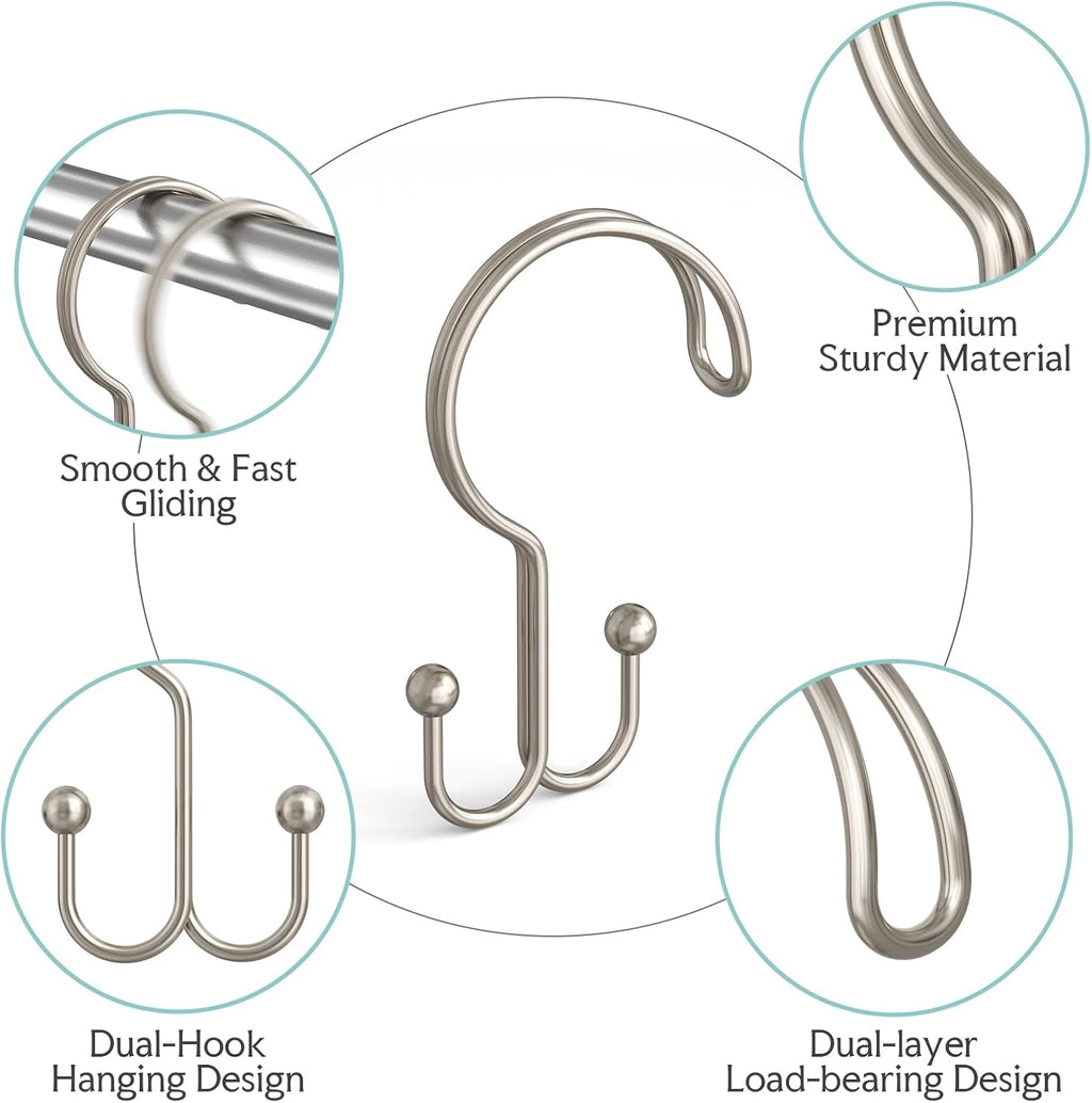 Bathway Nickel Shower Curtain Hooks Ring, 12 Pcs Double Sided Shower Hooks, Rust Proof Metal Shower Hooks for Bathroom, Anti-Drop Shower Rings for Shower Curtain & Liners