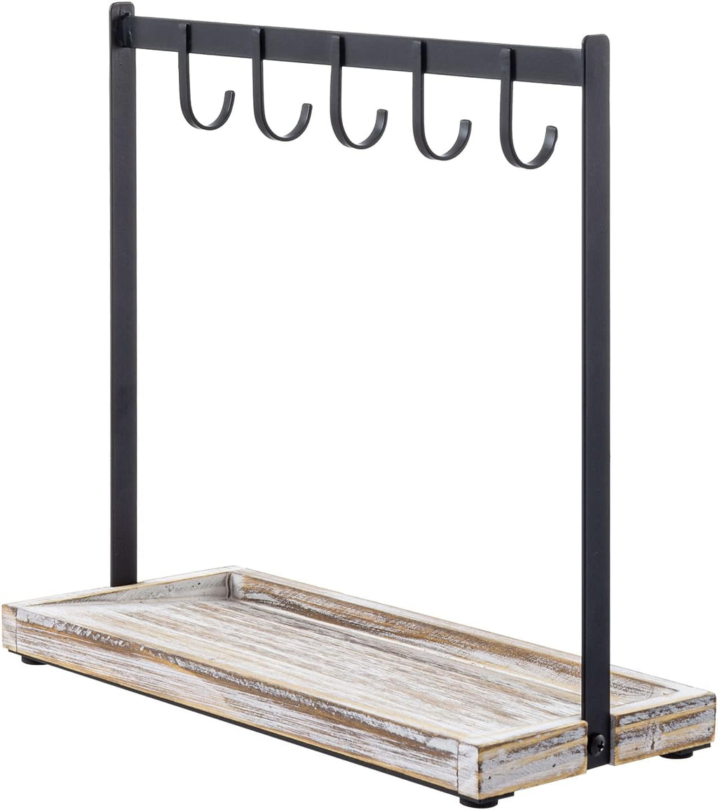 MyGift Entryway Black Metal Key Holder with 5 Hooks & Whitewashed Wood Base