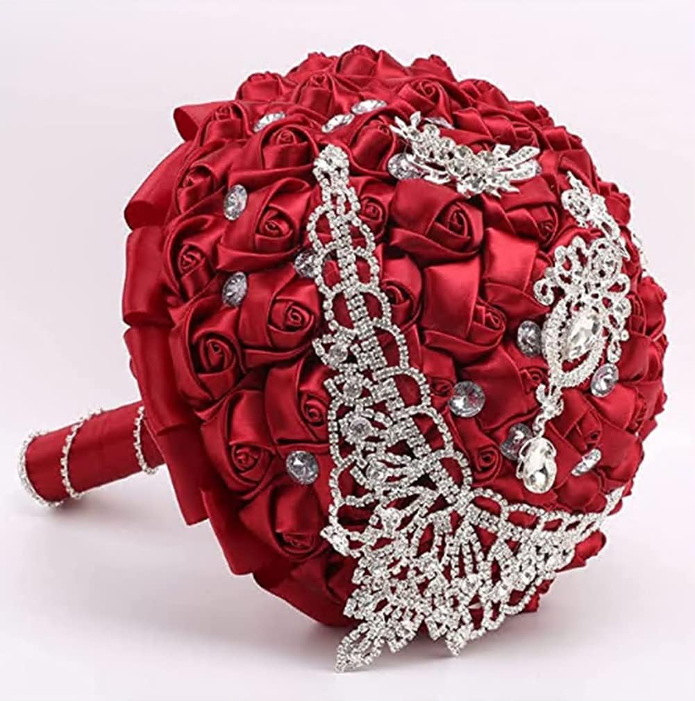 Handmade Luxury Wedding Bridal Bouquet Large Silk Rose Holding Toss Artificial Flowers Bouquets with Satin Ribbon Pearls Rhinestone for Bride Vintage Royal Wedding Bouquet (Red)