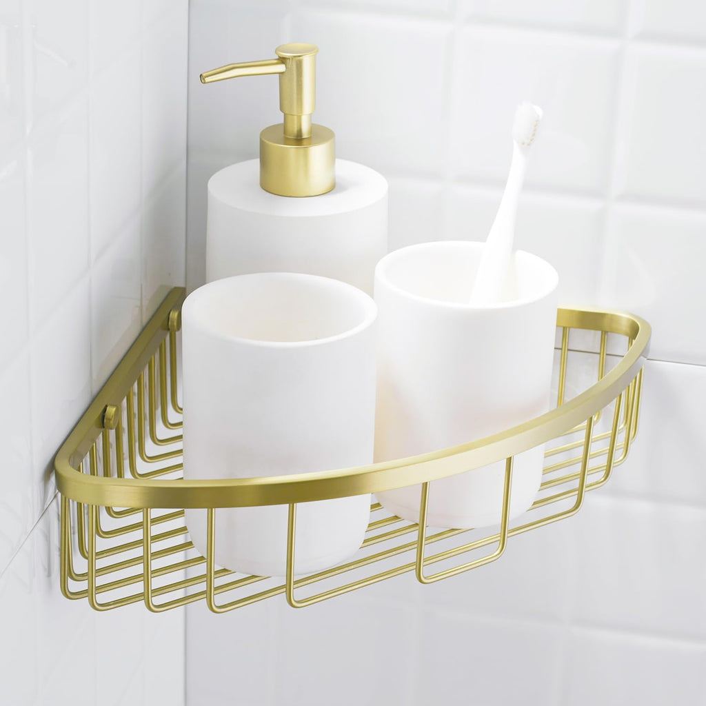 304 Stainless Steel Shower Caddy Corner Basket Shelf Bathroom Organizer Wall Mounted Storage, Brushed Gold Brass Finish Heavy Duty