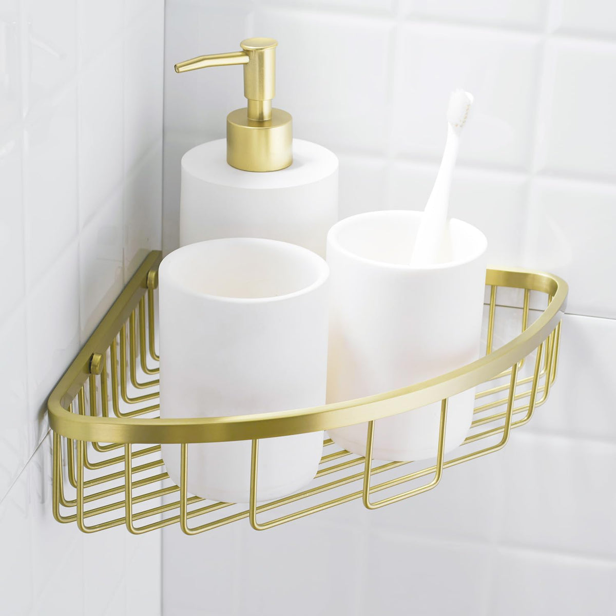 304 Stainless Steel Shower Caddy Corner Basket Shelf Bathroom Organizer Wall Mounted Storage, Brushed Gold Brass Finish Heavy Duty