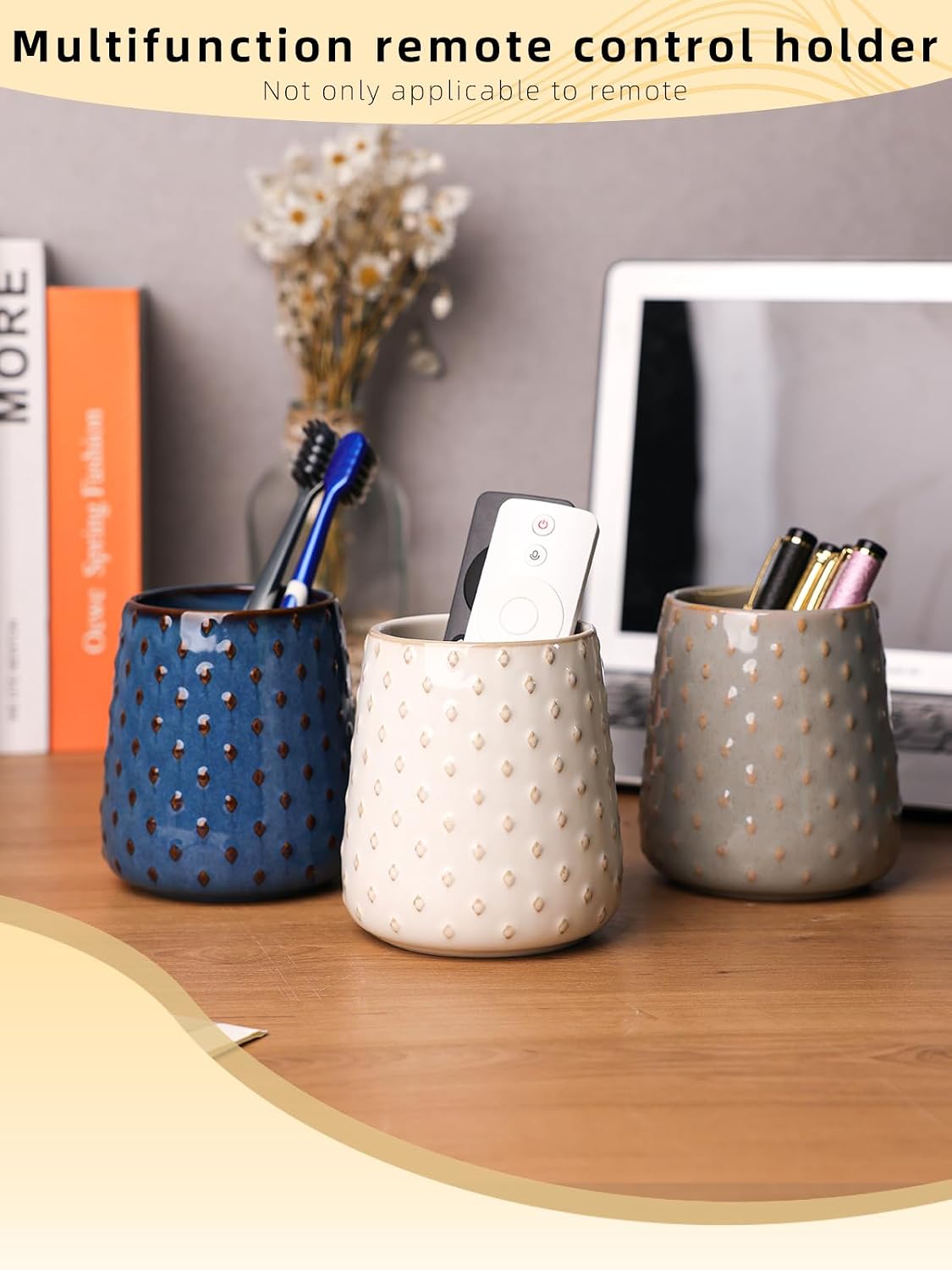 GDCZ Ceramic TV Remote Control Holder, Makeup Brush Pen Holder (White)