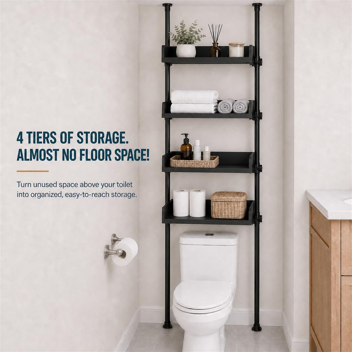 ALLZONE Tension Over The Toilet Storage Cabinet, No-Drill, Fits 92-116 in.
