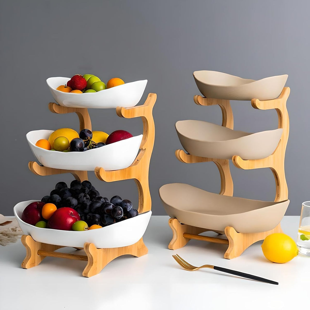 jessie 3 Tier Fruit Bowl Ceramic with Wooden Stand Fruit Bowl for Kitchen Counter for Storage Vegetable Fruit Cup Cake Dessert, White