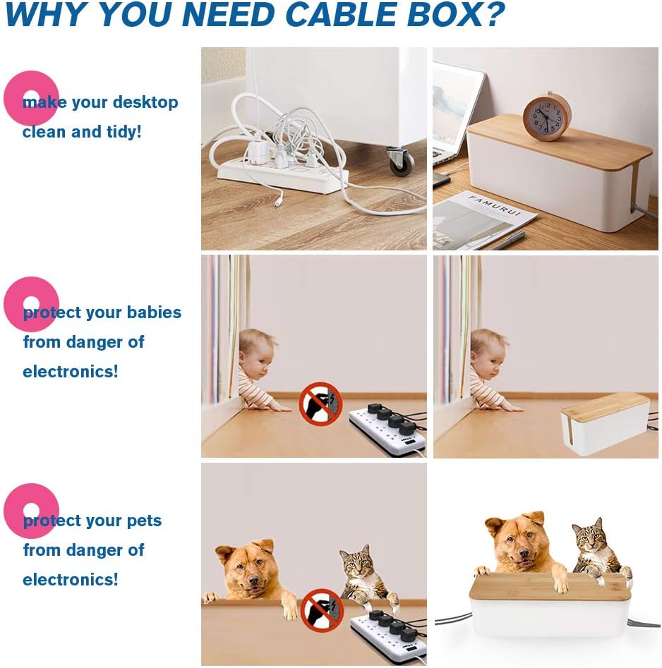 Cable Management Organizer Box, 2 Pack Large Storage Bamboo Lid Wires Concealer Holder for Office Desk, Home, Kitchen, TV, Computer, Cover Hide Tidy Surge Protector Power Strips & Cords (White)