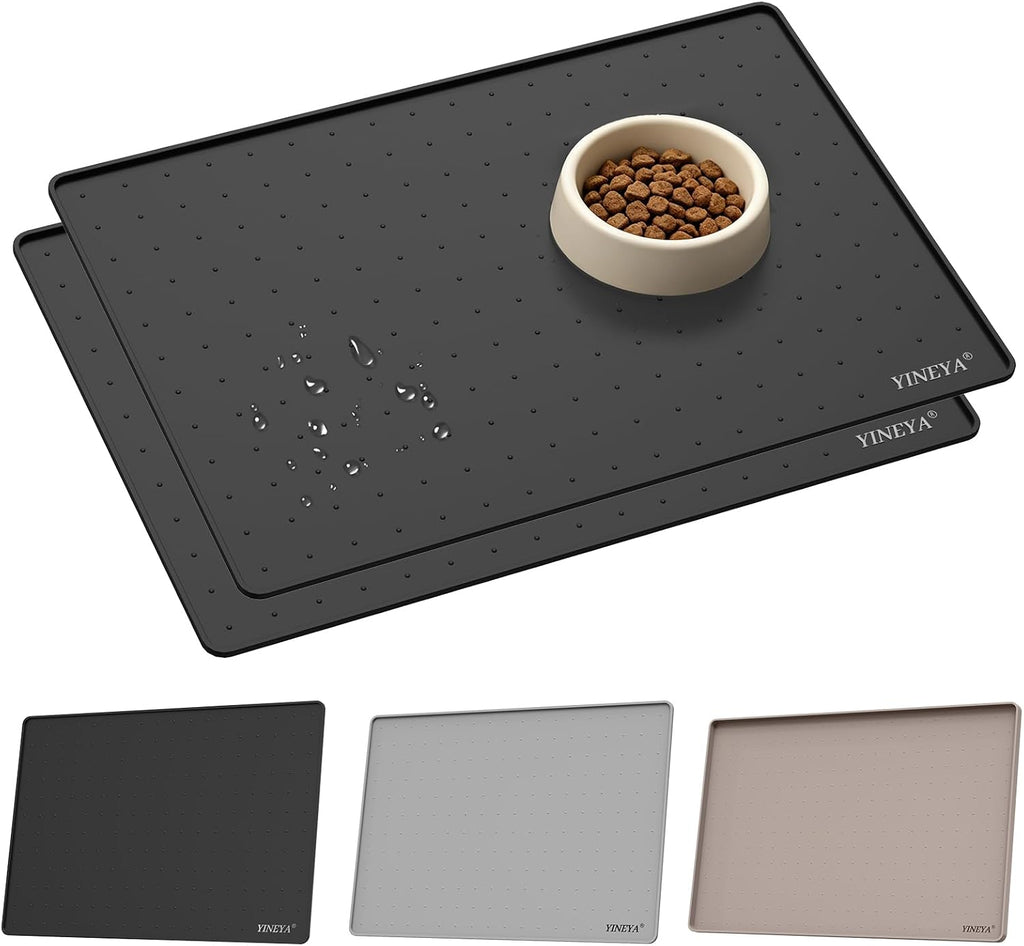 YINEYA 2 Pack Silicone Dog & Cat Food Mat Waterproof 18" x 12", Raised Edge Dog Bowl Mat for Food and Water, BPA-Free Non-Slip Pet Feeding Mats for Floors, Multifunctional Silicone Mat (Black)