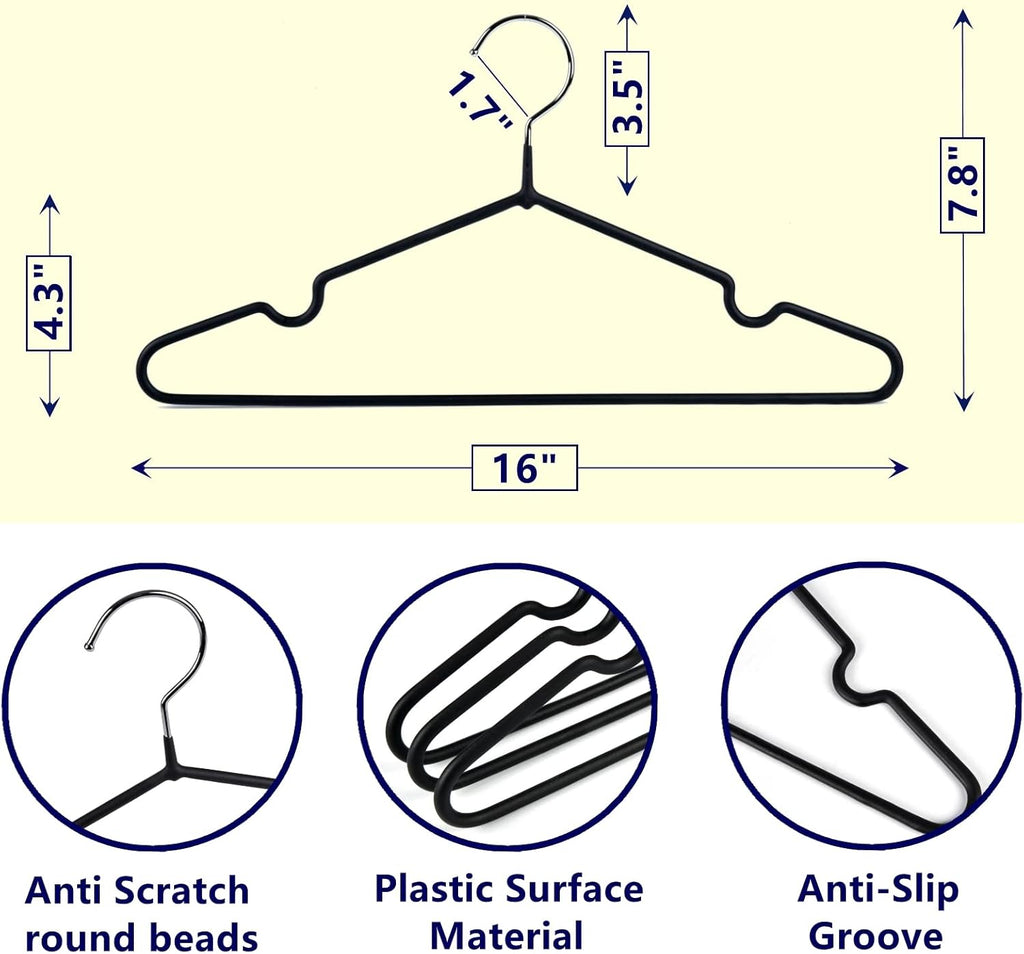 Amber Home 20Pack Black Rubber Coated Metal Coat Hangers, Non Slip & Sturdy