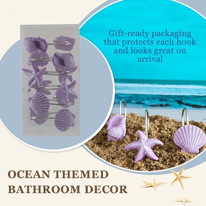 12pc Nautical Shower Curtain Hooks Rings Seashell Bathroom Decor
