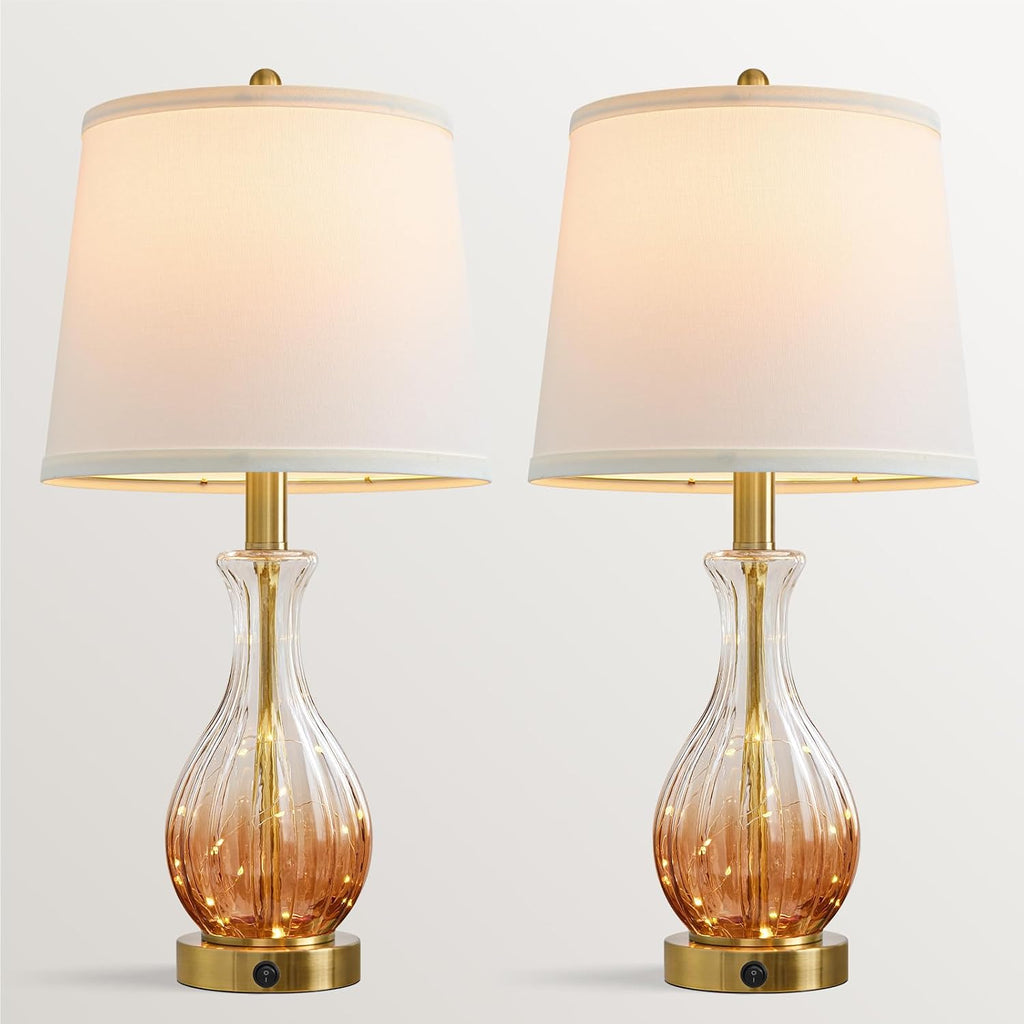 Oneach 22" Amber Glass Table Lamps with Fairy Light for Bedroom Nightstands