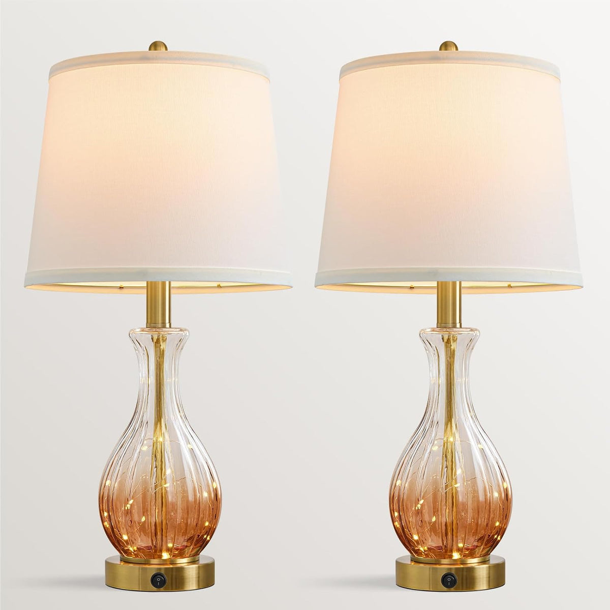 Oneach 22" Amber Glass Table Lamps with Fairy Light for Bedroom Nightstands