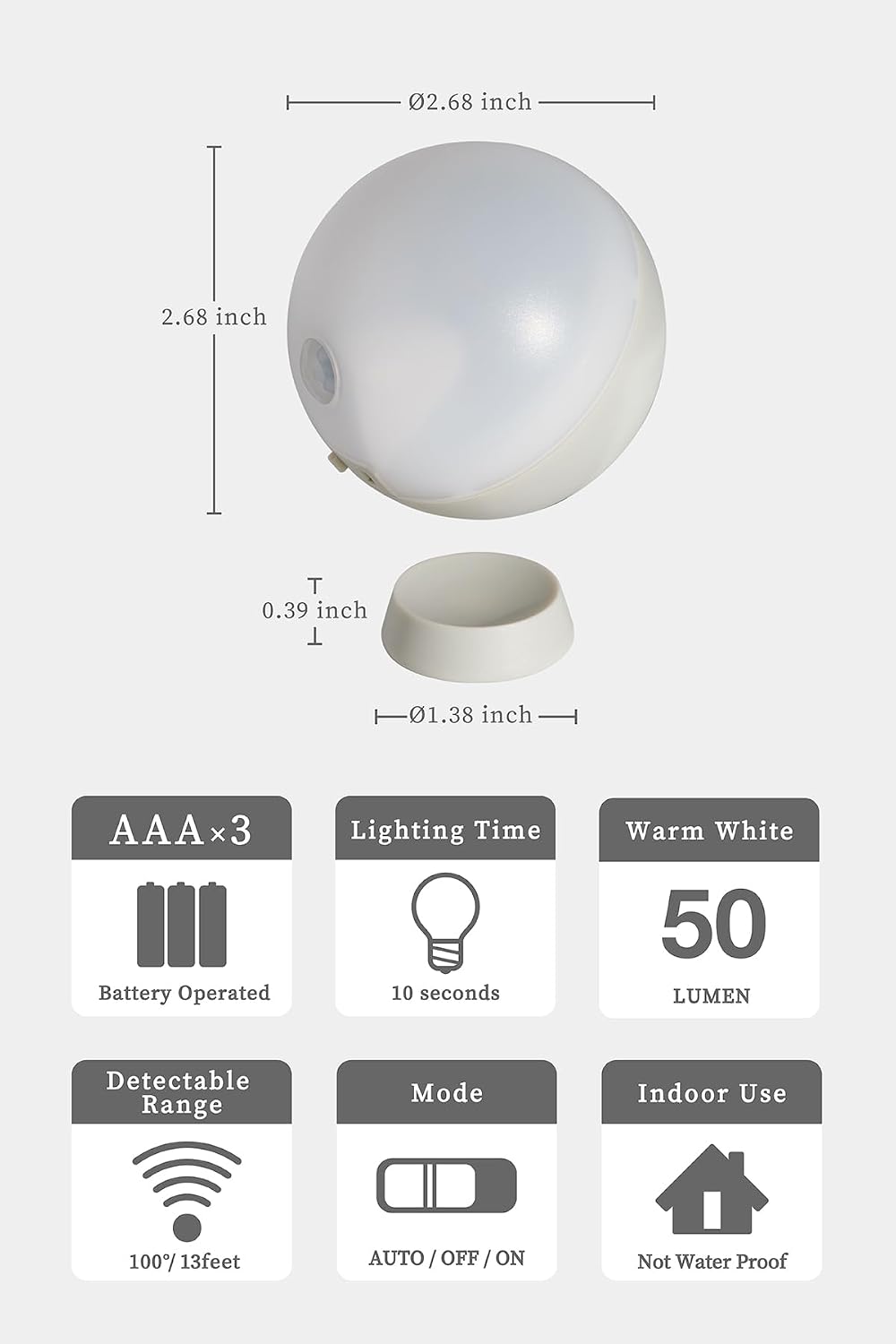 Musashi Night Light Motion Sensor Indoor Portable Light Battery Powered Night Light Sphere Pearl Gray WSL-001PG