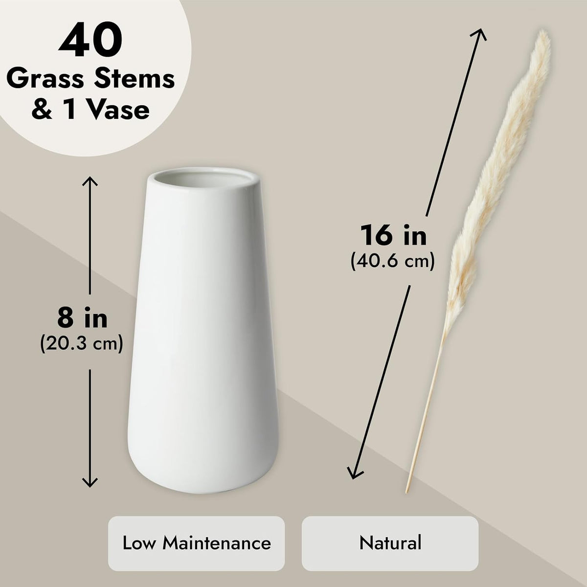 Farmlyn Creek Natural Pampas Grass Bundle & Ceramic Vase - 40 Stems, 16 in Tall, Ivory - Dried Pampas Grass Decor - Rustic Farmhouse Home Decor - Table & Wedding Centerpiece