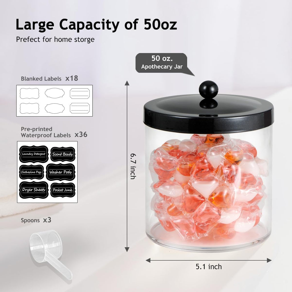 SheeChung 3 Pack 50 Oz Large Apothecary Jar with Black Stainless Steel Lid